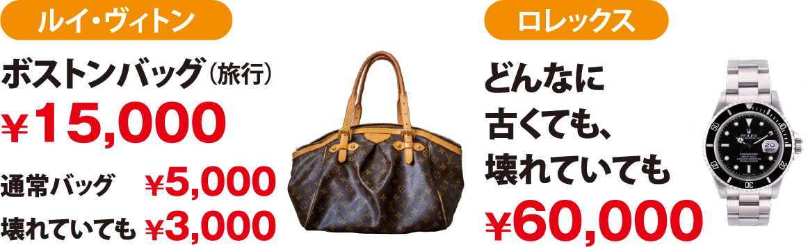 ルイヴィトン ボストン・バッグ(旅行)¥15,000 通常バッグ¥5,000 壊れていても¥3,000 ロレックス どんなに古くても、壊れていても¥60,000