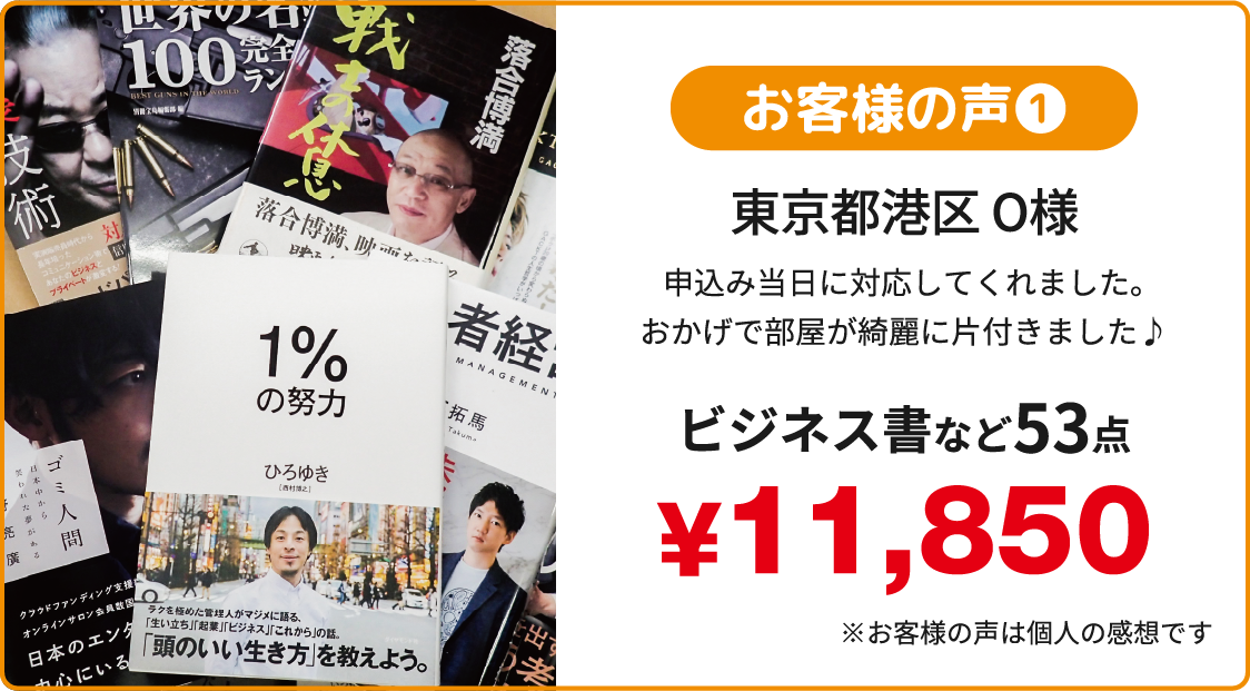 お客様の声 東京都港区O様 申込み当日に対応してくれました。おかげで部屋が綺麗に片付きました♪ ビジネス書など53点¥11,850 ※お客様の声は個人の感想です